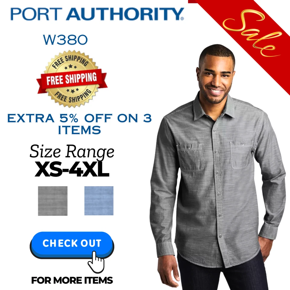 Camisa Port Authority W380 Para Hombres Manga Larga 100% Algodón Slub Cambray Bolsillo Foto 1 de 1