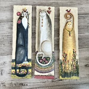 E. Smithson Cat Folk Art 3D Wall Plaques Resin Signed Whimsical 3"x11" Set of 3