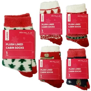 Christmas Plush Cabin Socks Ladies' Women Soft Warm Lined Cozy Winter Holiday - Picture 1 of 11
