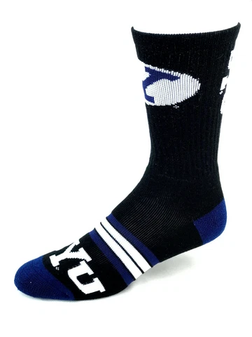 BYU Cougars College Quad Stripe Black White & Navy Deuce Crew Socks Cover