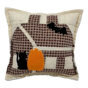 NEW Handmade Cat Bat & Pumpkin Pillow Schoolhouse Quilt  Chenille  Halloween - Picture 1 of 9