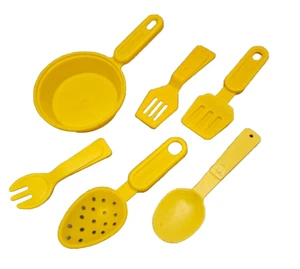 Vintage Fisher Price Fun With Food Yellow Utensils  & Fry Pan Spoon Spatula - Picture 1 of 3