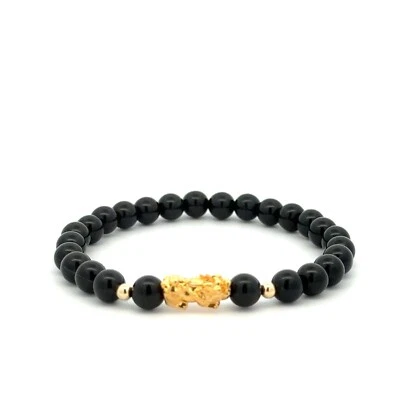 18K Gold Dragon Pixiu Piyao Lucky Charm Beads Bracelet Gemstones Obsidian 6mm - Image 1 of 4