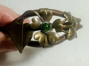 Vintage Original KUPFERMANSCHETTENARMBAND MIT Messing Akzent Blume mit grünem Stein - Bild 1 von 7