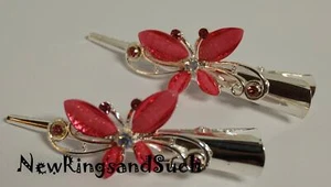 Alligator Hair Clips Rhinestone silver metal small 3" Set of 2 pink Butterflies - Picture 1 of 3