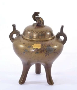1930's Japanese Mixed Metal Bronze Censer Incense Burner Koro Beast Crane Flower - Picture 1 of 11