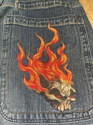 Novo com etiquetas Vintage JNCO Jeans 31x31 Azul Chama Caveira Jeans Skatista Baggy Desgastado - Imagem 1 de 4