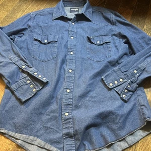 Camisa Wrangler Para Hombres 17X34 Denim Perla Occidental Prendas de Trabajo De Colección a Presión - Imagen 1 de 8