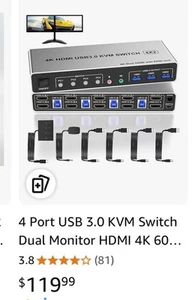 USB 3.0 Displayport+HDMI KVM Switch 2 Monitors 4 Computers, 4K@60Hz KVM Switc... - Afbeelding 1 van 9