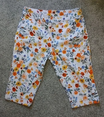 Calça St Johns Bay tamanho 12P branca floral cintura média ajuste fácil Capri outono laranja azul - Imagem 1 de 4