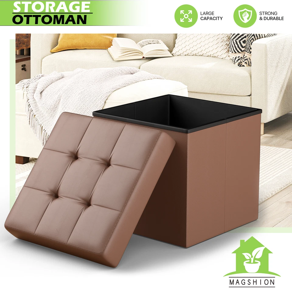 Brown Faux Leather Classic Cube Storage Ottoman Home Living Room Bench Footstool - Image 1 of 4