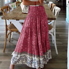 Womens Boho Floral Long Maxi Skirt Ladies High Waist Beach Ruffle Swing Dress