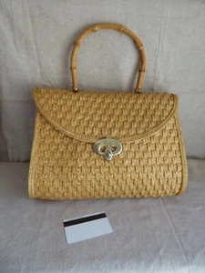 VINTAGE petit sac de dame rétro raphia anse bambou - Picture 1 of 9
