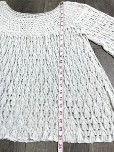 White Crochet Open Knit Top Sz XL Cotton Linen Blend Bell Sleeve Loose Fit Boho - Picture 1 of 7