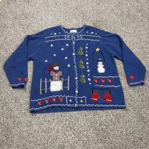 Vintage Christmas Sweater Women 2X Blue Cardigan Winter Snowman Quacker Factory - Picture 1 of 14