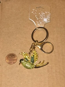 GREEN AND YELLOW RHINESTONE HUMMINGBIRD KEYCHAIN  BAG CLIP  - Foto 1 di 2