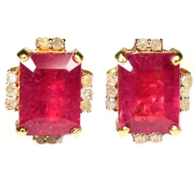 925 STERLING SILVER STUD EARRING PIGEON BLOOD RED RUBY 8X6 MM. GEMSTONE AFRICA - Image 1 of 4