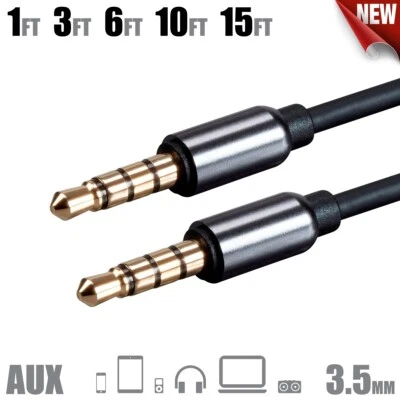 1 3 6 10 15 FT AUX 3.5mm 1/8" TRRS Stereo Audio & Microphone Cable Gold Plugs - Image 1 of 4