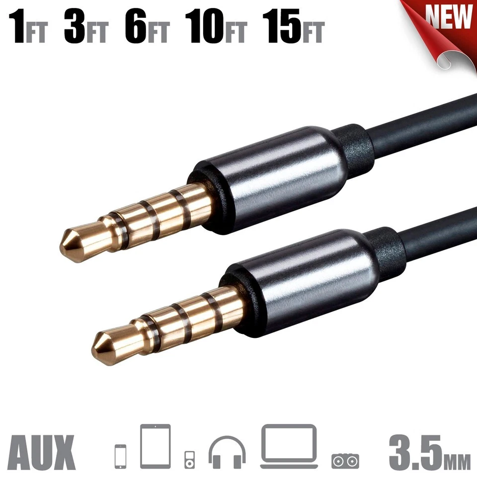 1 3 6 10 15 FT AUX 3.5mm 1/8" TRRS Stereo Audio & Microphone Cable Gold Plugs - Image 1 of 4