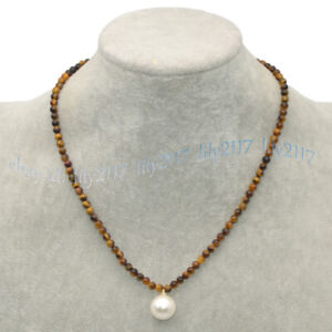4mm Round Yellow Tiger's Eye Gems 14mm White Shell Pearl Pendant Necklaces 18''