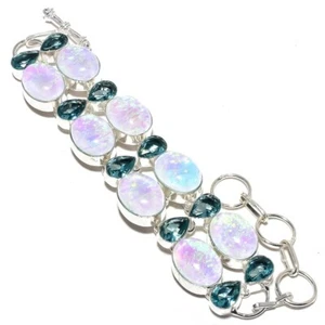 Triplet Fire Opal, Blue Topaz Gemstone 925 Sterling Silver Bracelet 7-8"  - Picture 1 of 2