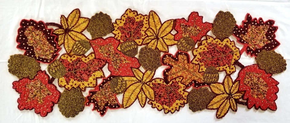 Beaded Table Runner 36x13" Autumn Flowers Thanksgiving Floral India Hand Crafted - Image 1 of 4