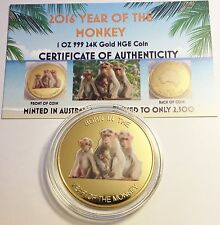 NEW 2016 "YEAR OF THE MONKEY" 1 Oz Coin HGE 999 24K Gold Edition COA Great Gift 