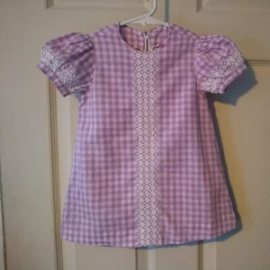 Handmade Vintage Girl Dress 2 T Smock Dress Purple Gingham Lace Zipper Cotton LN - Picture 1 of 3
