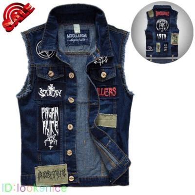 Gilet homme patch denim veste jean gilet sans manches vintage punk casual jacket - Photo 1/4