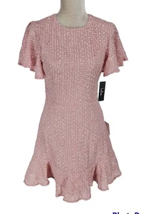 LuLus Women Size S Skater Dress Blush Pink Swiss Dot Ruffle Short Sleeve - Picture 1 of 7