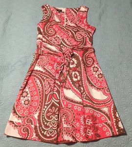 Vestido Talbots Coral y Marrón Audaz Cachemira Cuello Sobrepelliz Línea A Algodón con Cinturón 10P - Imagen 1 de 12