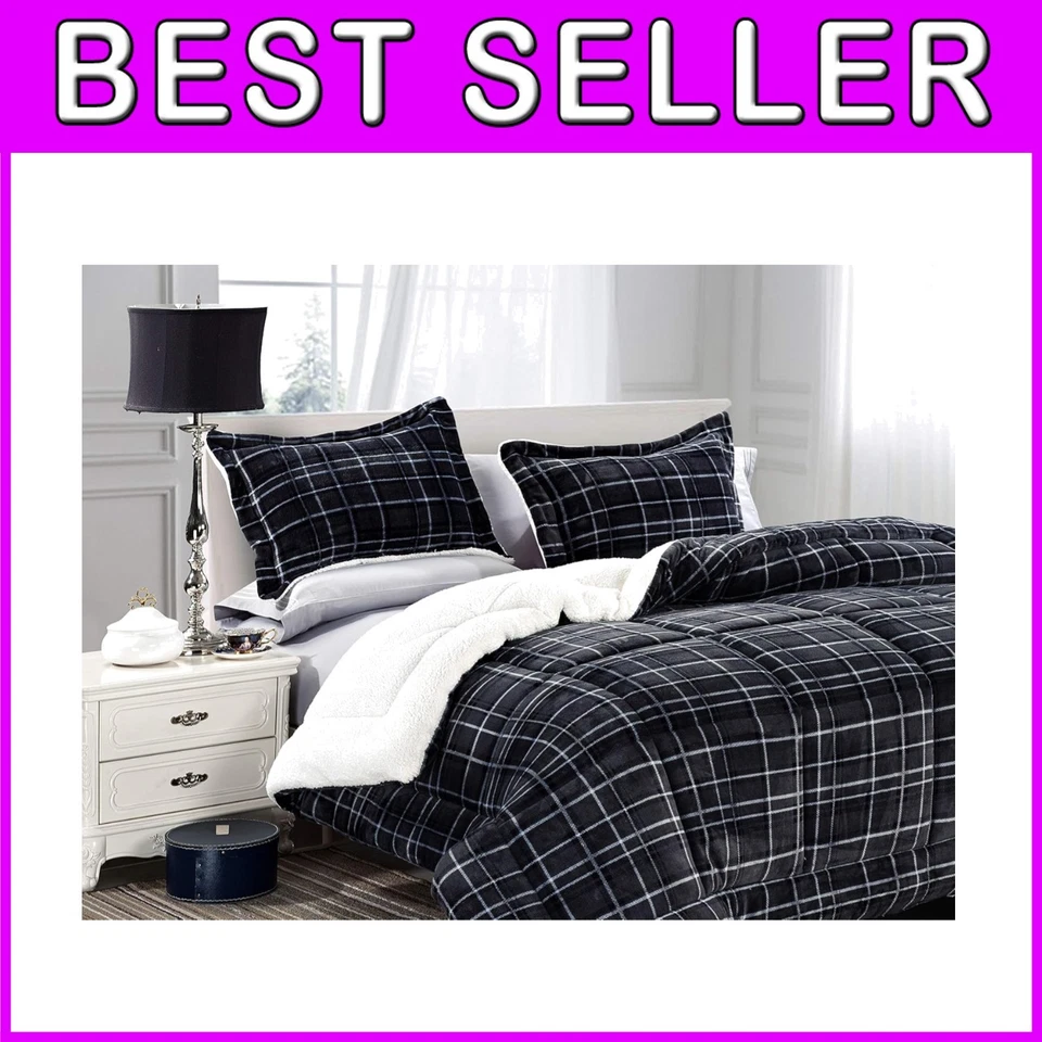 Plush Microsuede Plaid Comforter Set, Full/Queen, Black - Image 1 of 4