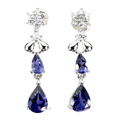 925 Sterling Silver Earrings Pear Iolite 7x5mm Gemstone Jewelry - Image 1 of 4
