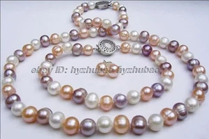 Juego de collar pulsera pendientes perlas cultivadas Akoya multicolor natural de 8-9 mm 18" - Imagen 1 de 4