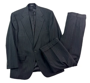 vtg 90s Polo Ralph Lauren 40R 34x29 2pc Pant Suit Flannel Charcoal Chalk Stripe - Picture 1 of 19