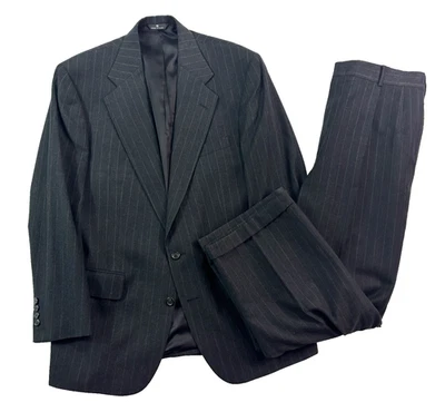 vtg 90s Polo Ralph Lauren 40R 34x29 2pc Pant Suit Flannel Charcoal Chalk Stripe - Image 1 of 4