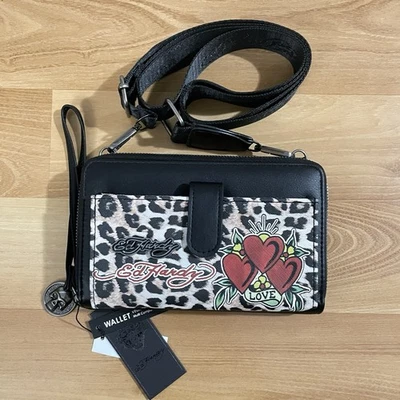 Ed Hardy Crossbody Wallet Wristlet Cheetah Hearts Shoulder Bag w Charm Black - Image 1 of 4