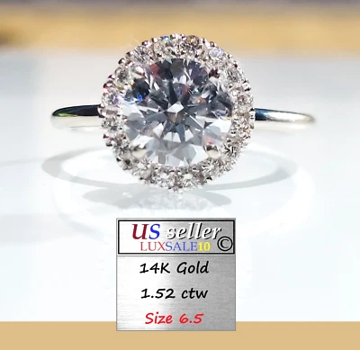 1.52 carat certified diamond ,14k white gold ring size 6.5 ,Halo diamond setting - Image 1 of 4