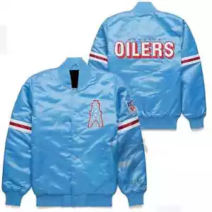 NFL Letterman Houston Oilers Años 90 Azul Satinado Estilo Vintage Bombardero Chaqueta Universitaria - Imagen 1 de 6