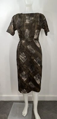 VTG 60s Dress MCM MAD MEN Sheath Herman Marcus Pencil Brown Semi Sheer SZ 12 - Image 1 of 4