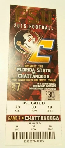 2015 Florida State Seminoles Chattanooga Football Ticket Stub Cover