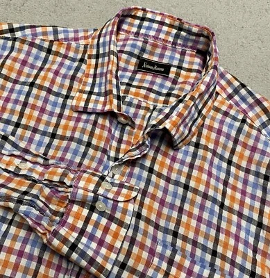 Neiman Marcus Linen Shirt Mens XL Plaid Check Roll Tab Preppy Beach Luxury - Image 1 of 4