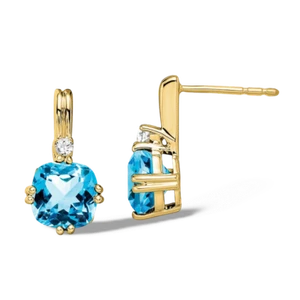 10K Solid Yellow Gold Cushion-Cut Swiss Blue Topaz Diamond Dangle Earrings - Picture 1 of 11
