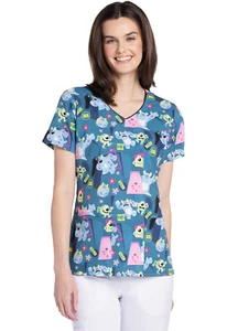 Cherokee Women's Scrubs Licensed V-Neck Print Top TF614 MCSC Scare Floor - Picture 1 of 2