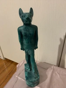 Vintage geschnitzter grüner Stein Bastet ägyptischer Gott Statue ~ Katze Frau Weisheit 10 Zoll - Bild 1 von 9