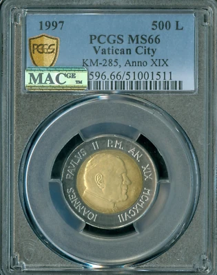 1997 VATICAN CITY 500 LIRE POPE JOHN PAUL II ANO XIX PCGS MS66 MAC FINEST . - Image 1 of 2