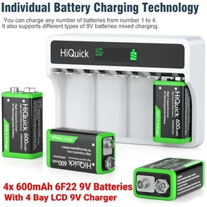 HiQuick 4x 600mAh Li-ion 9V Battery Rechargeable  Batteries w/ 9V Charger - Picture 1 of 13
