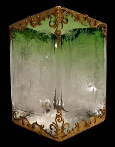 Jarrón antiguo Moser dorado champán cubo de hielo corte intaglio ciervo ciervo verde/claro - Imagen 1 de 24