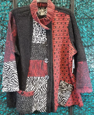 CHAQUETA CÁRDIGAN ALI MILES MUJER 2X PATCHWORK BOTÓN EMBUDO A PRESIÓN ABSTRACTO NUEVO Foto 1 de 4