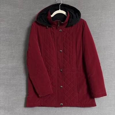 Liz Claiborne Jacket M Petite Red Quilted Hooded Zip Winter Car Coat Classic - Image 1 of 4